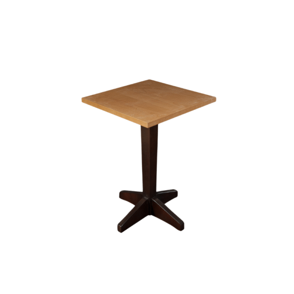 A stylish modern square wooden dining table with a dark base and light wooden top.