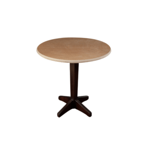 A stylish modern round dining table with a wooden top and a dark cross-shaped base.