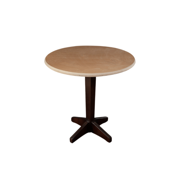 A stylish modern round dining table with a wooden top and a dark cross-shaped base.