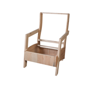 A stylish, unfinished wooden chair with a minimalist design, featuring an open back and a spacious seat.