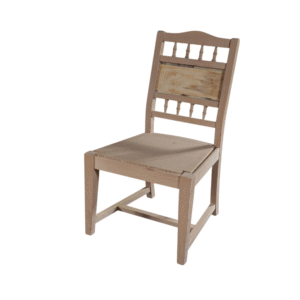 A rustic wooden chair featuring a slatted backrest and simple design.