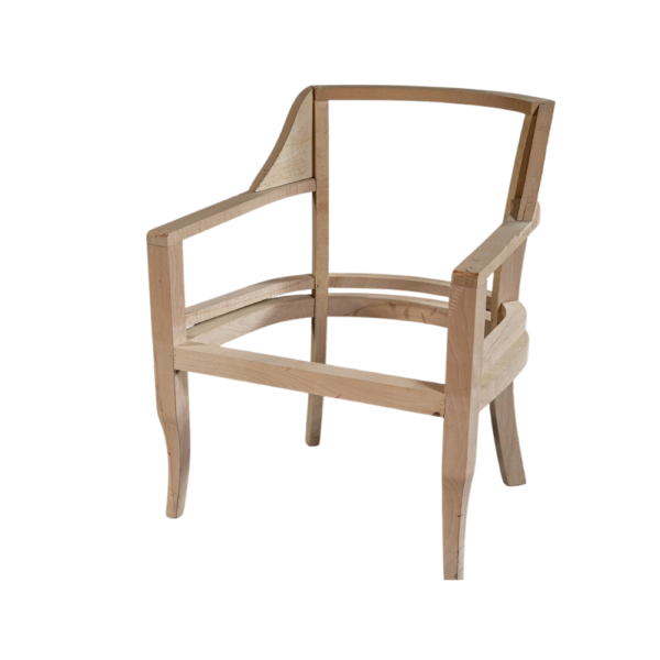 Unfinished wooden chair frame showcasing elegant design and craftsmanship.