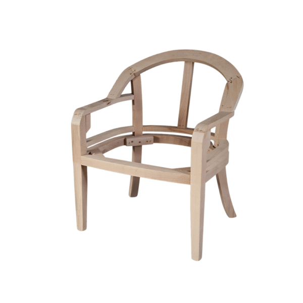 A simple wooden chair frame without upholstery, showcasing a minimalist design.