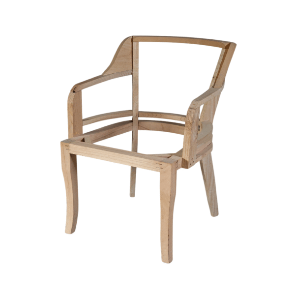 Unfinished wooden armchair frame showcasing its structure and design