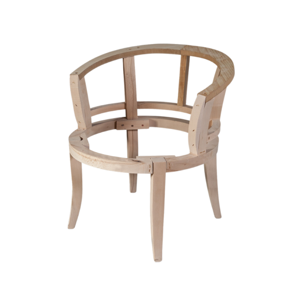 In-progress wooden chair structure showcasing the frame before upholstery