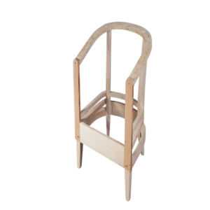 A minimalist wooden chair frame without upholstery, showcasing a modern design.
