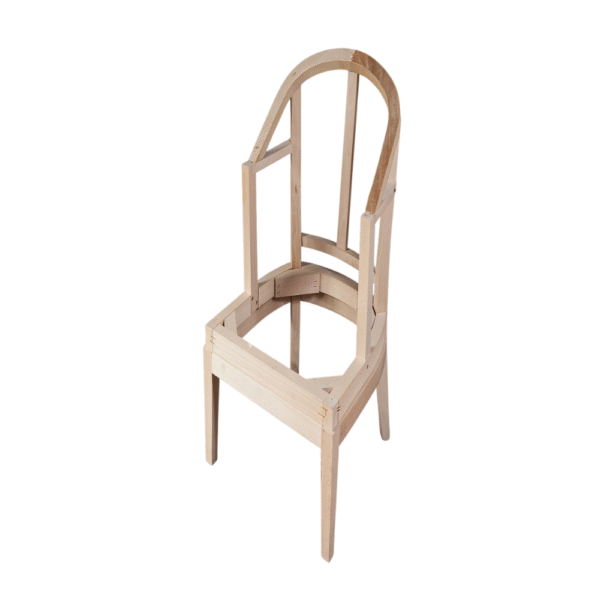 A frame of a minimalist wooden chair made from light-colored wood.