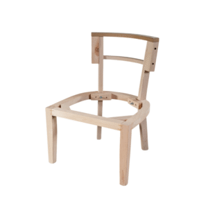 A wooden chair frame that is unfinished, showcasing its structure without upholstery or finish.