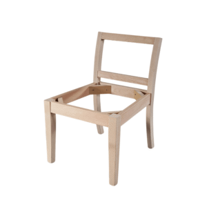 A minimalist wooden chair frame without a seat or upholstery, showcasing its simple design.
