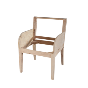 A basic wooden chair frame without upholstery, showcasing its structure and design.