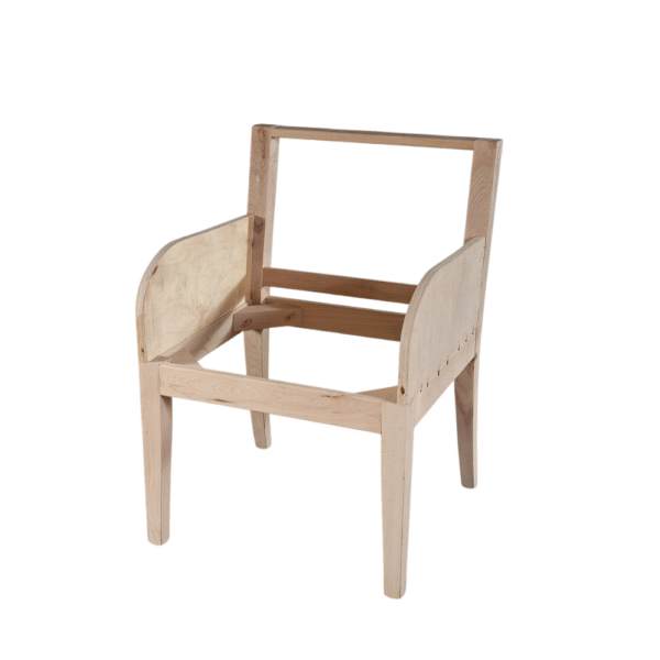 A basic wooden chair frame without upholstery, showcasing its structure and design.