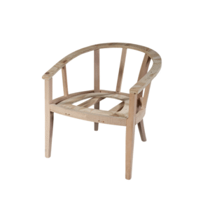 A simple and elegant natural wooden lounge chair with curved arms and a minimalist design.