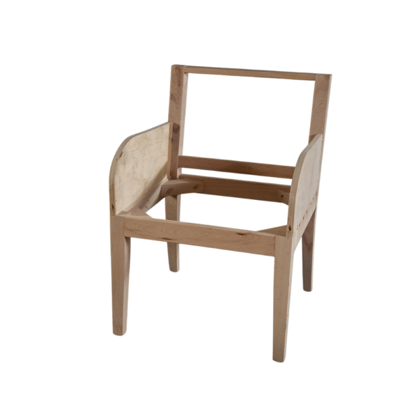 Unfinished wooden chair showcasing a minimalist design with a simple structure and no upholstery.