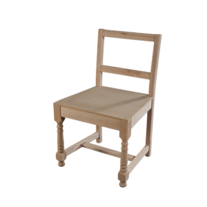 A plain, rustic wooden chair with a light finish and simple design, featuring four legs and a cushioned seat.