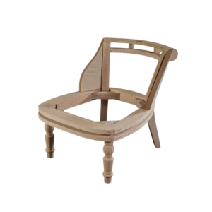 Unfinished wooden chair frame showcasing elegant design details and smooth finish.