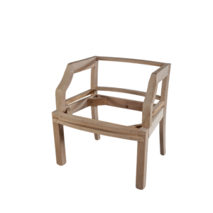 A partially constructed minimalist wooden chair frame featuring clean lines and natural wood finish.