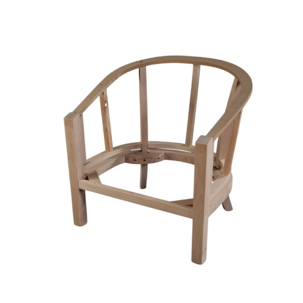 A bare wooden armchair frame without upholstery or finishing, showcasing its unique design and structure.