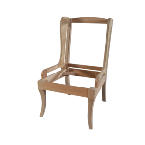 A minimalist unfinished wooden chair frame without upholstery or cushions.
