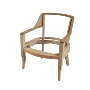 An unfinished wooden chair frame showcasing the basic structure and design elements.