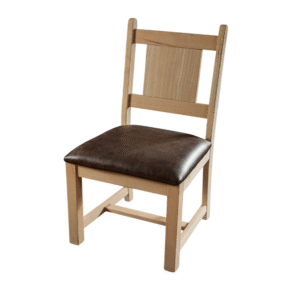 A simple wooden dining chair featuring a light wood frame and a brown cushioned seat.