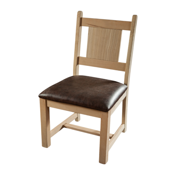 A simple wooden dining chair featuring a light wood frame and a brown cushioned seat.