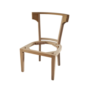 An unfinished wooden chair frame without a seat, showcasing its construction details.