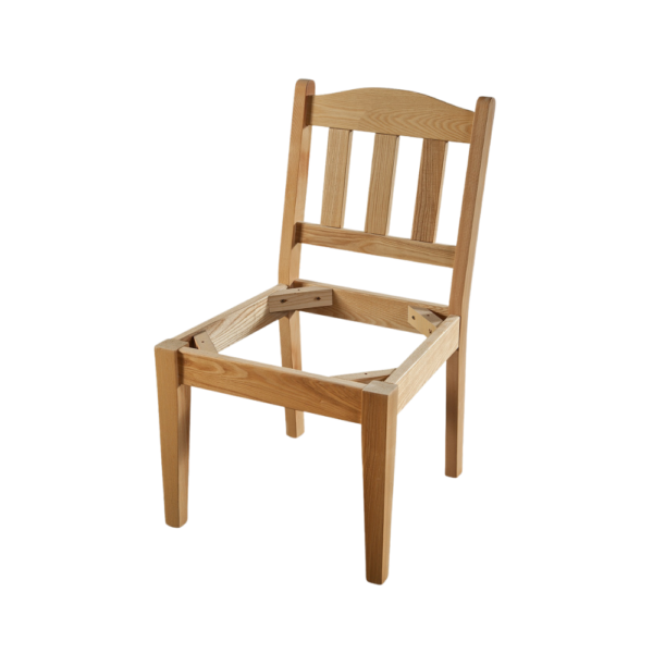A wooden chair frame without a seat, showcasing its structure and craftsmanship.