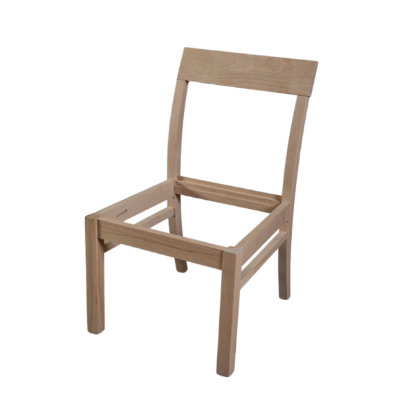 An unfinished wooden chair frame showcasing minimalist design with no seat.