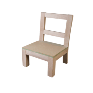 A minimalist wooden chair with a square seat and a simple backrest.