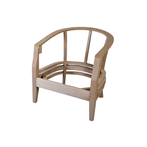 A minimalist wooden armchair frame showcasing a modern design without upholstery.