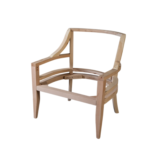 A partially constructed wooden armchair frame showcasing its design and structure.