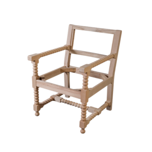 A wooden chair in an unfinished state, showcasing spindle legs and an open frame design.