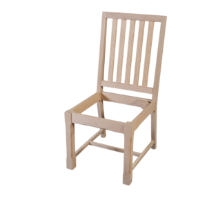 A wooden dining chair without a seat, showcasing slatted back and sturdy legs in an unfinished state.
