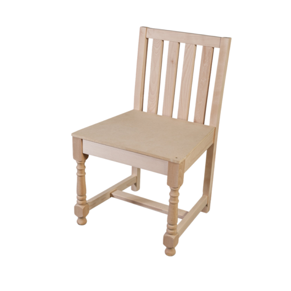 A simple wooden dining chair with a slatted back and a plain seat, designed for casual dining spaces.