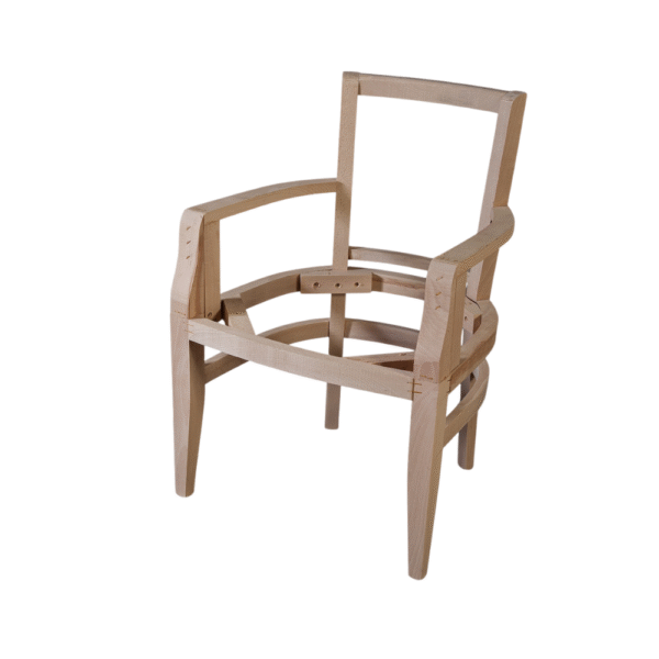 A wooden chair frame without upholstery, showcasing its design and structure.