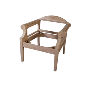 Unfinished wooden armchair frame showcasing craftsmanship and design.