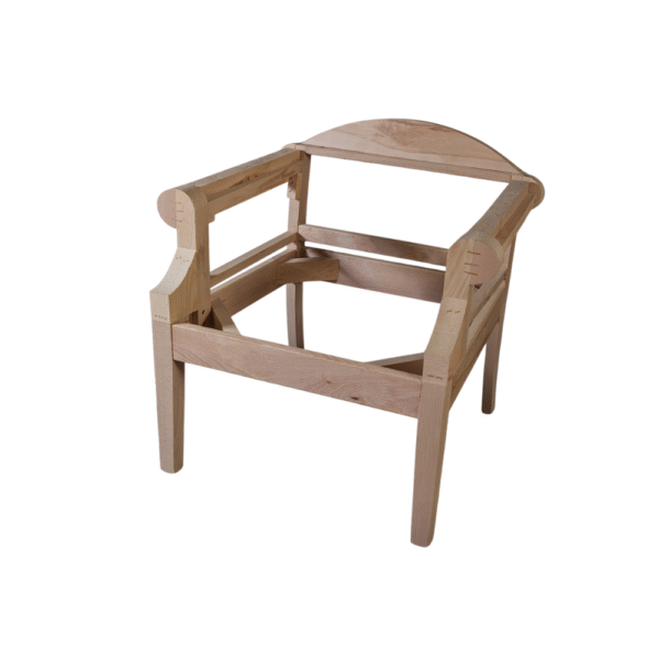 Unfinished wooden armchair frame showcasing craftsmanship and design.