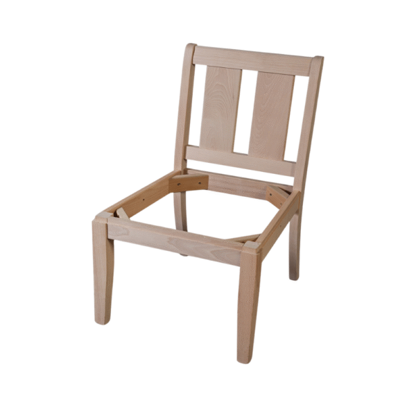 A modern unfinished wooden chair without a seat, showcasing its minimalist design and structure.