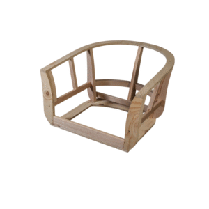 An unfinished wooden chair frame, showcasing the structure before upholstery.