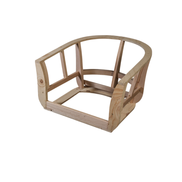 An unfinished wooden chair frame, showcasing the structure before upholstery.