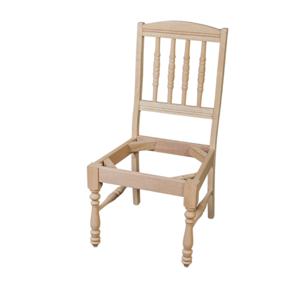 A wooden chair frame in an unfinished state, lacking a seat, showcasing its spindled back and turned legs.