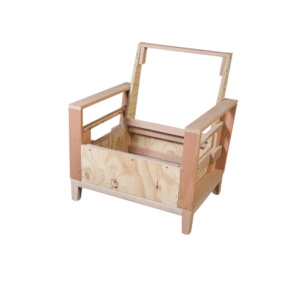 An unfinished wooden chair frame showcasing minimalist design and structure.