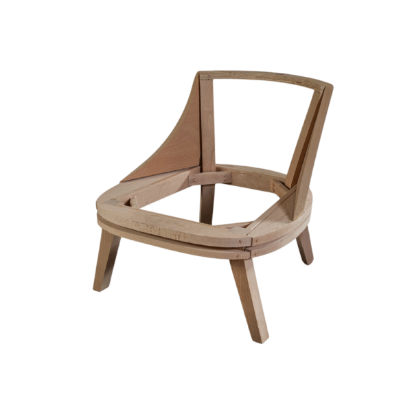 A stylish, unfinished wooden chair frame showcasing an innovative design.
