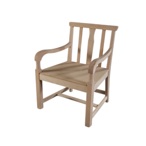 A simple wooden dining chair with armrests and a slatted back design