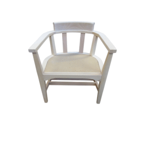 Front view of a stylish white armchair featuring a beige cushion, perfect for contemporary decor.