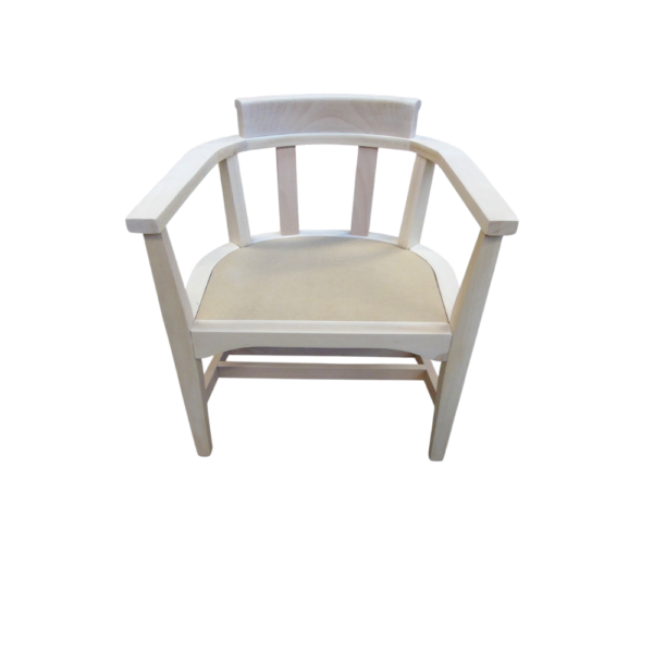 Front view of a stylish white armchair featuring a beige cushion, perfect for contemporary decor.