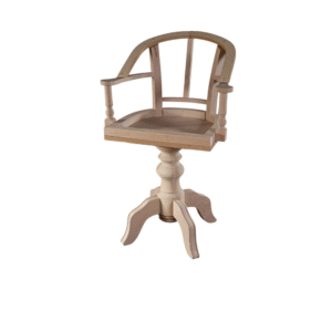 A stylish wooden swivel chair with a round base and armrests, positioned on a white background.