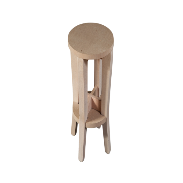Stylish wooden stool with a circular top and unique leg design, showcasing a minimalist aesthetic.