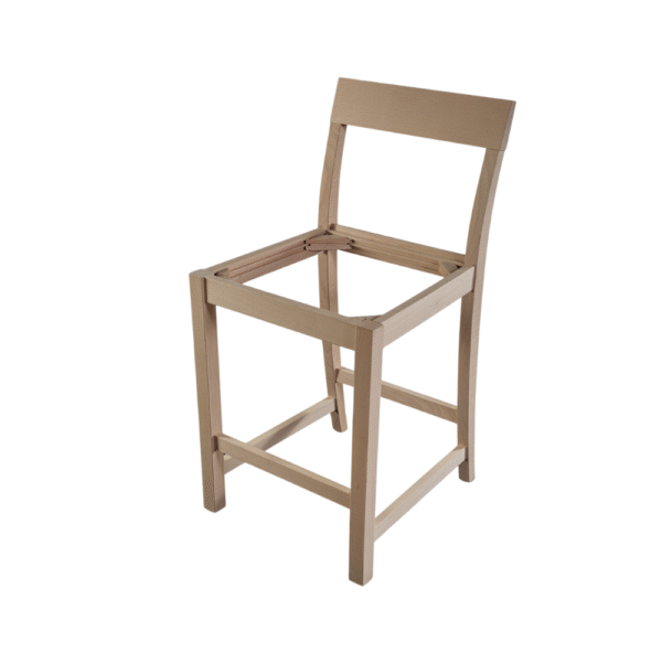 Unfinished wooden bar stool showing the frame without upholstery or cushions