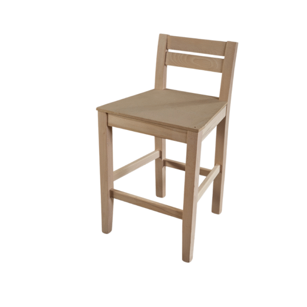 A minimalist wooden bar stool with a natural finish, featuring a slatted backrest and sturdy construction.